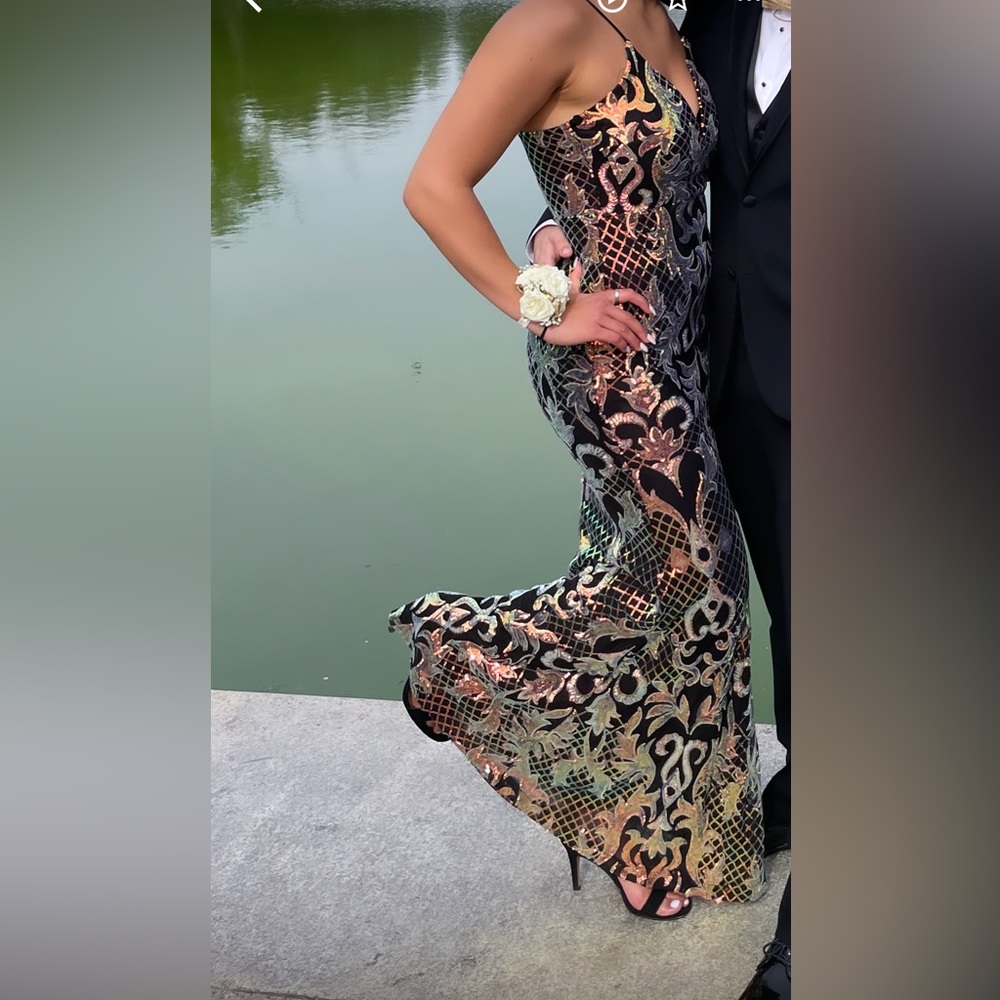 Iridescent/ black Sparkly Long Prom Dress